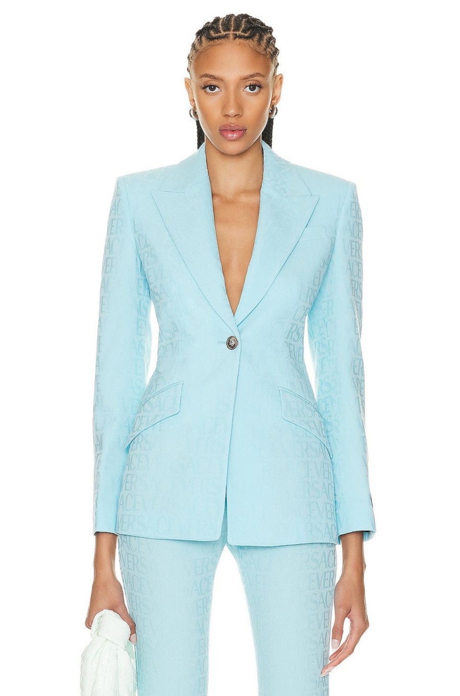 Women VERSACE Jackets & Coats | All Over Logo Tailored Jacket Pastel Blue