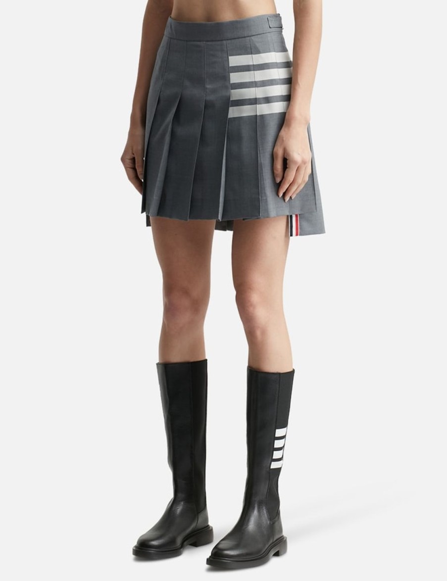 Women Thom Browne Skirts | Plain Weave Mini Pleated 4-Bar Skirt Grey