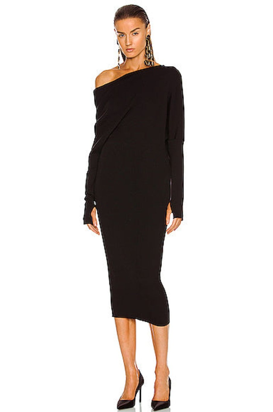 Women TOM FORD Dresses | Cashmere Ribbed Off The Shoulder Midi Dress Black