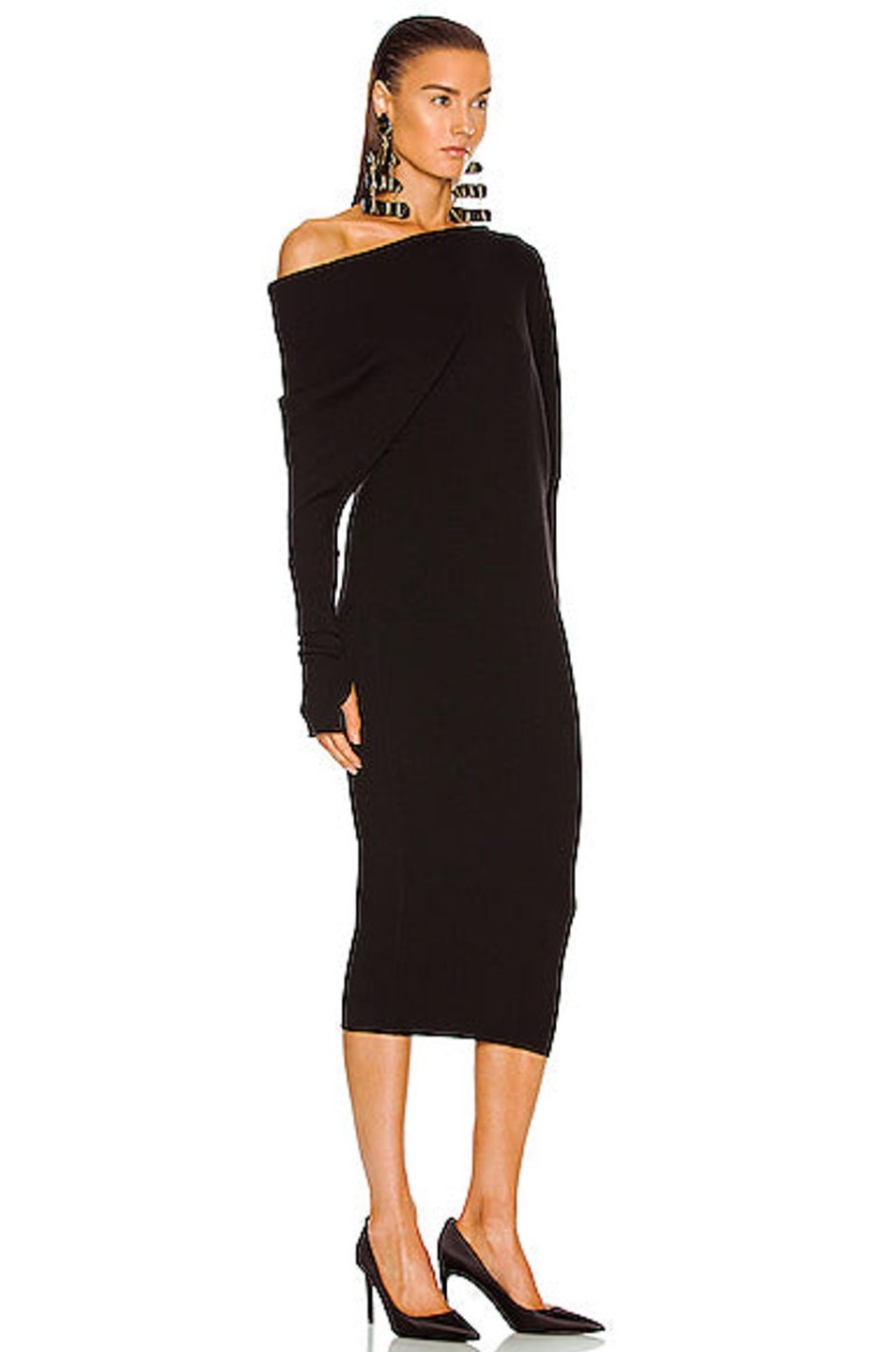 Women TOM FORD Dresses | Cashmere Ribbed Off The Shoulder Midi Dress Black