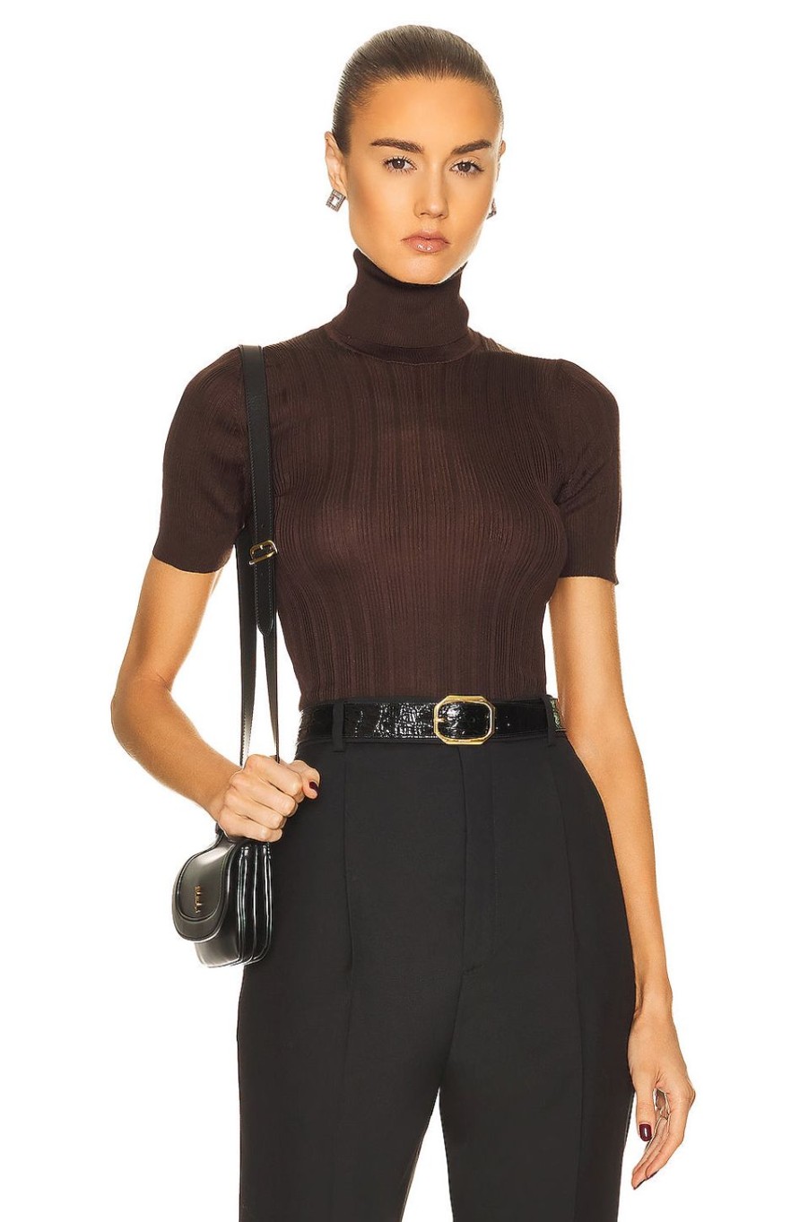 Women Saint Laurent Sweaters & Knits | Short Sleeve Turtleneck Sweater Marron