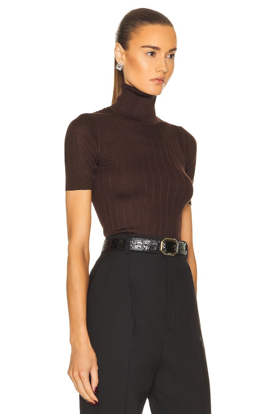 Women Saint Laurent Sweaters & Knits | Short Sleeve Turtleneck Sweater Marron