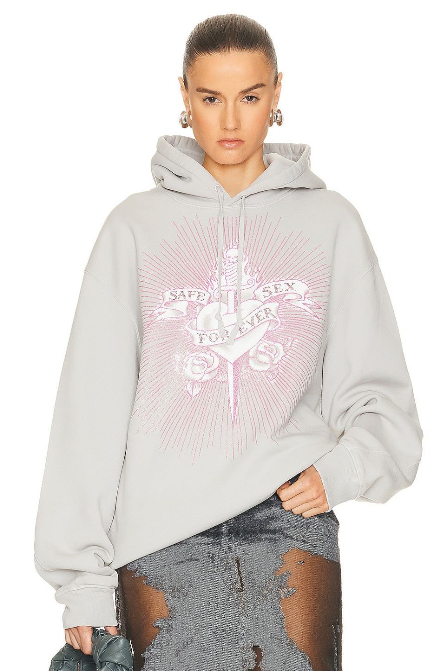 Women Jean Paul Gaultier Sweaters & Knits | Printed Safe Sex Tattoo Oversize Hoodie Grey