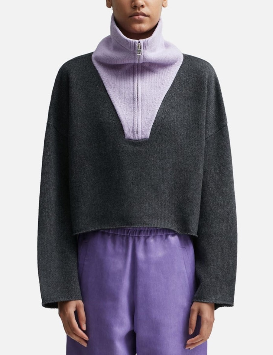 Women JW Anderson Sweaters & Knits | Cropped Funnel Neck Zip Jumper Grey