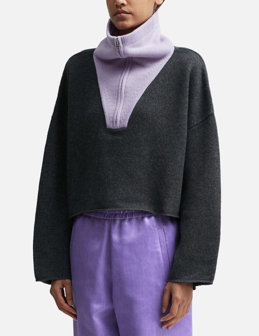 Women JW Anderson Sweaters & Knits | Cropped Funnel Neck Zip Jumper Grey