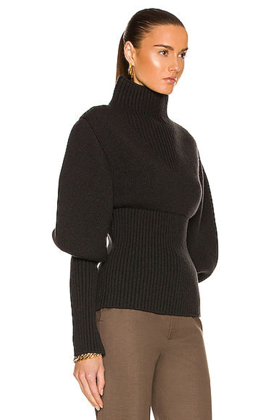 Women Bottega Veneta Sweaters & Knits | Wool Exaggerated Sleeves Sweater Dark Green