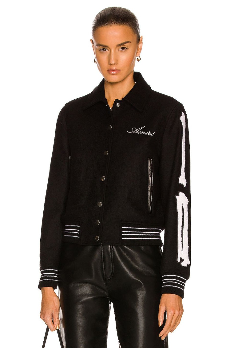 Women Amiri Jackets & Coats | Bones Varsity Jacket Black