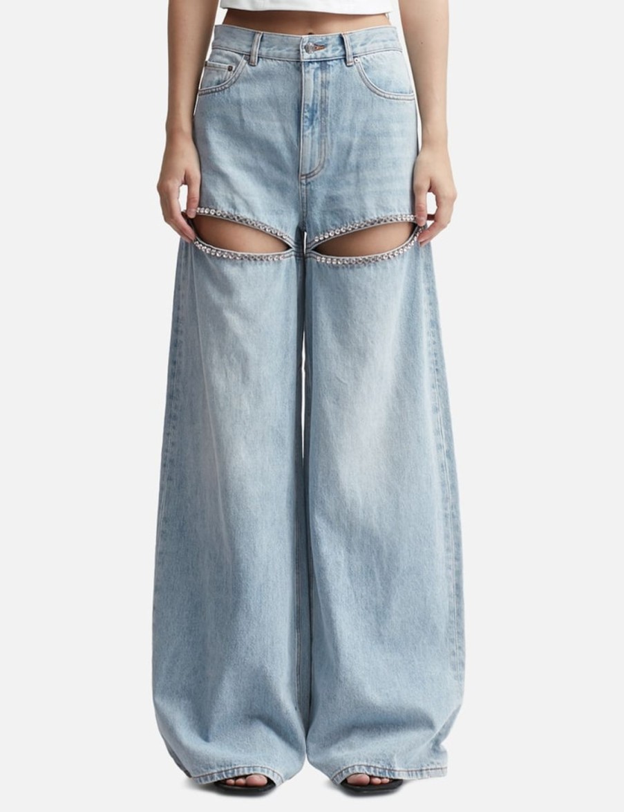 Women Area Pants | Wide Leg Crystal Slit Jean Blue