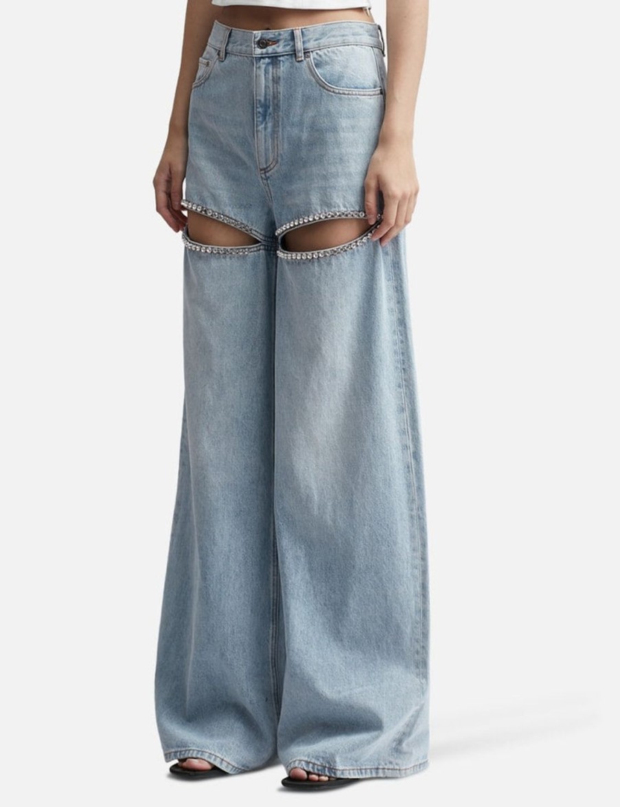 Women Area Pants | Wide Leg Crystal Slit Jean Blue