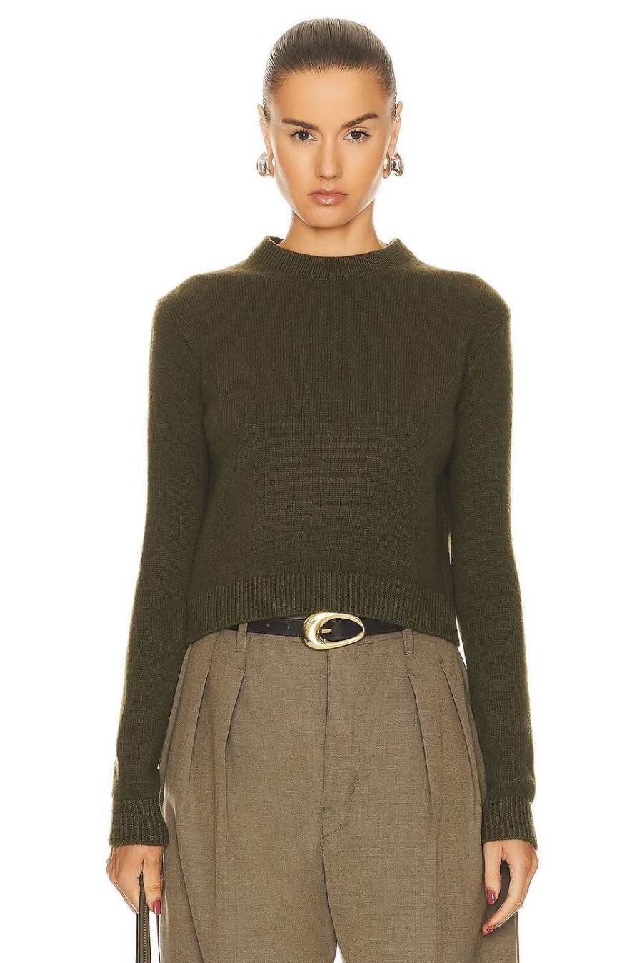 Women The Elder Statesman Sweaters & Knits | Simple Crew Sweater Olive