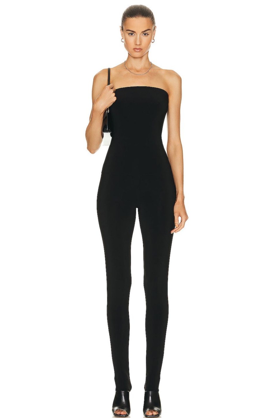 Women Norma Kamali Jumpsuits & Rompers | Strapless Catsuit W/ Footie Black