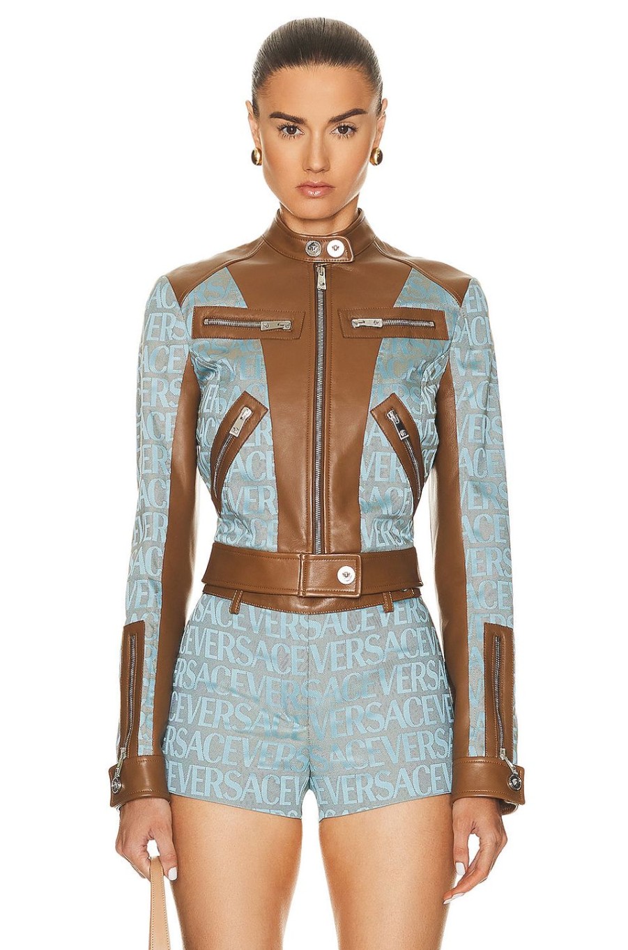 Women VERSACE Jackets & Coats | Logo Moto Jacket Pale Blue & Beige