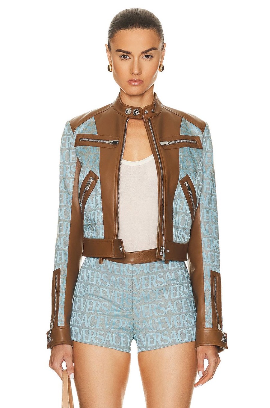 Women VERSACE Jackets & Coats | Logo Moto Jacket Pale Blue & Beige