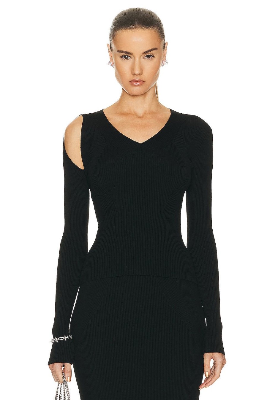 Women Alexander McQueen Sweaters & Knits | Slash V Neck Sweater Black