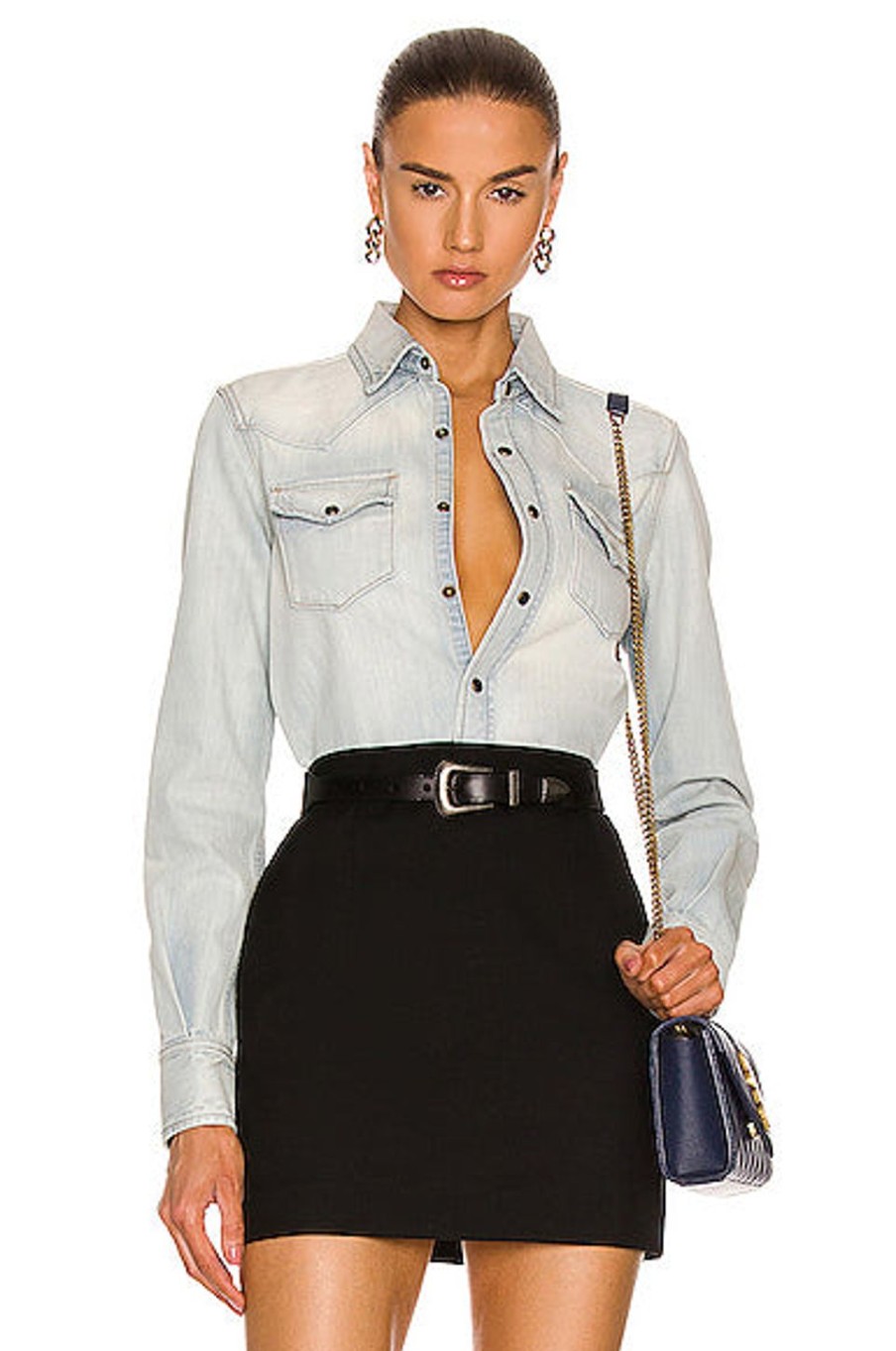 Women Saint Laurent Tops | Classic Western Shirt Dusty Sky Blue