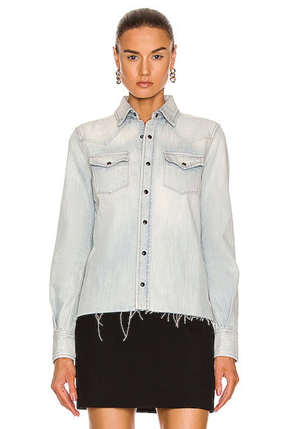 Women Saint Laurent Tops | Classic Western Shirt Dusty Sky Blue