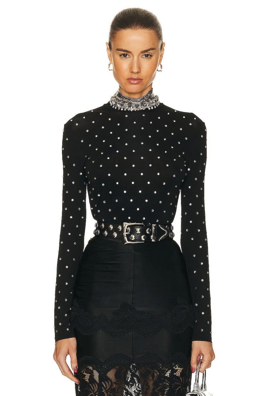 Women RABANNE Tops | Studded Turtleneck Top Black