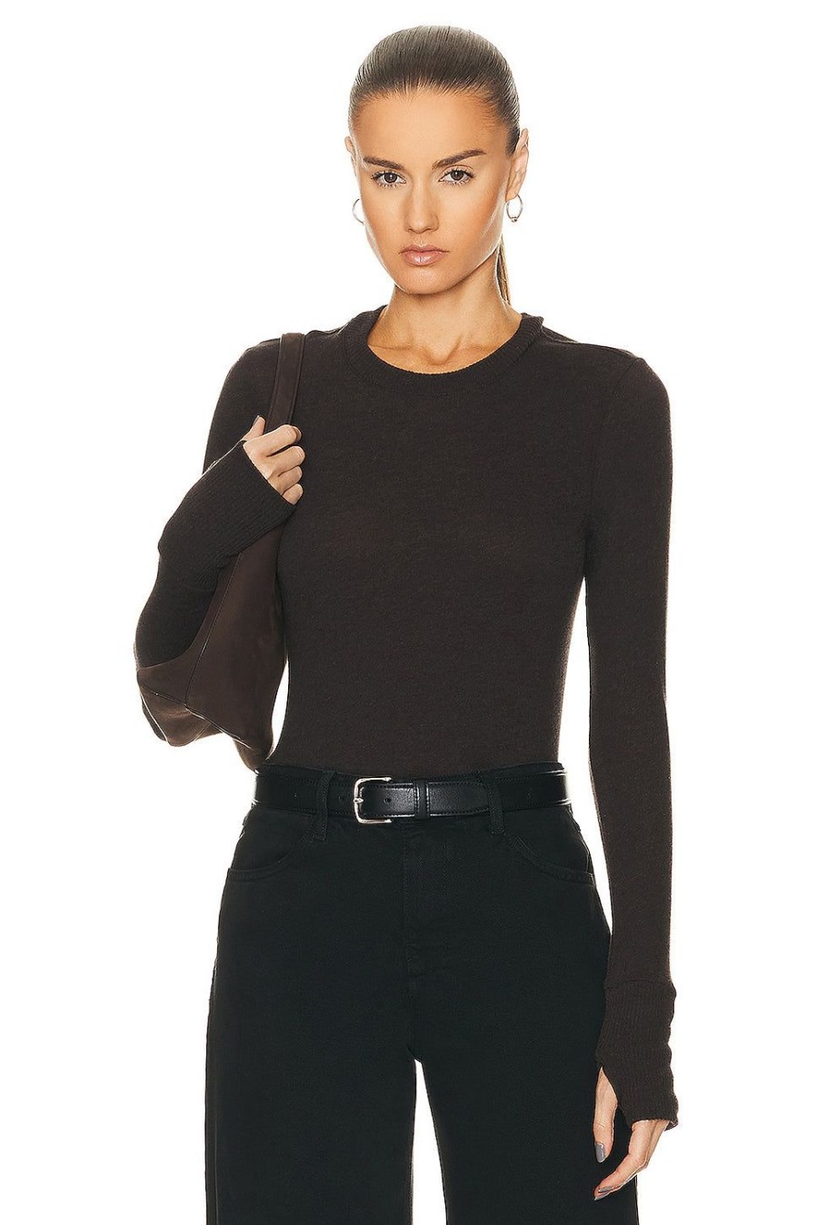 Women Enza Costa Tops | Cashmere Easy Cuffed Crewneck Top Dark Brown