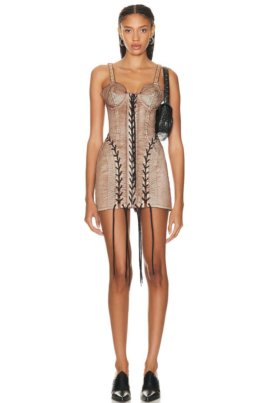 Women Jean Paul Gaultier Dresses | X Knwls Conical Laced Branded Patch Sleeveless Dress Brown & Ecru