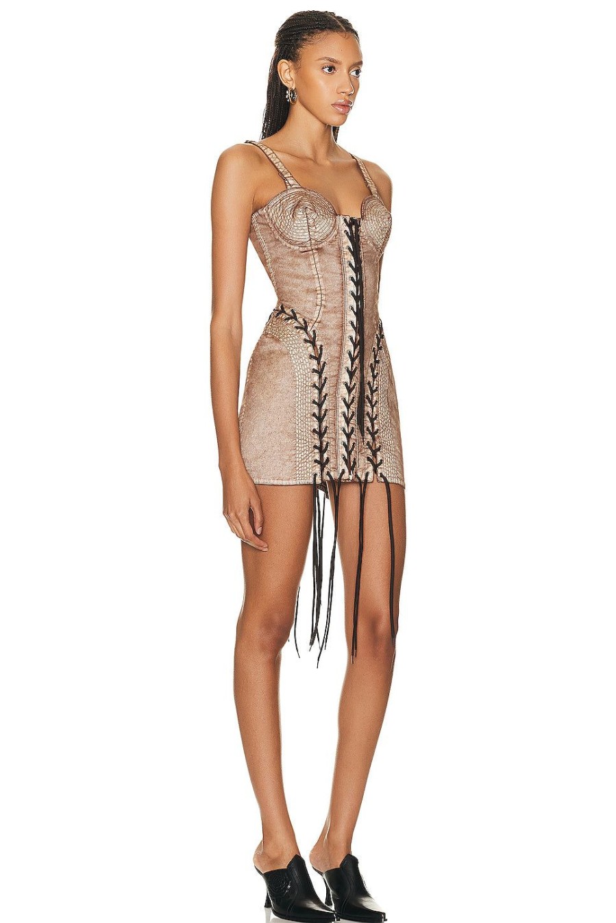 Women Jean Paul Gaultier Dresses | X Knwls Conical Laced Branded Patch Sleeveless Dress Brown & Ecru