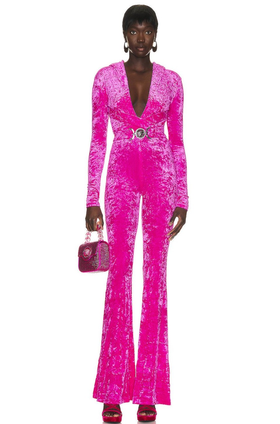 Women VERSACE Jumpsuits & Rompers | Hooded Velvet Jumpsuit Glossy Pink