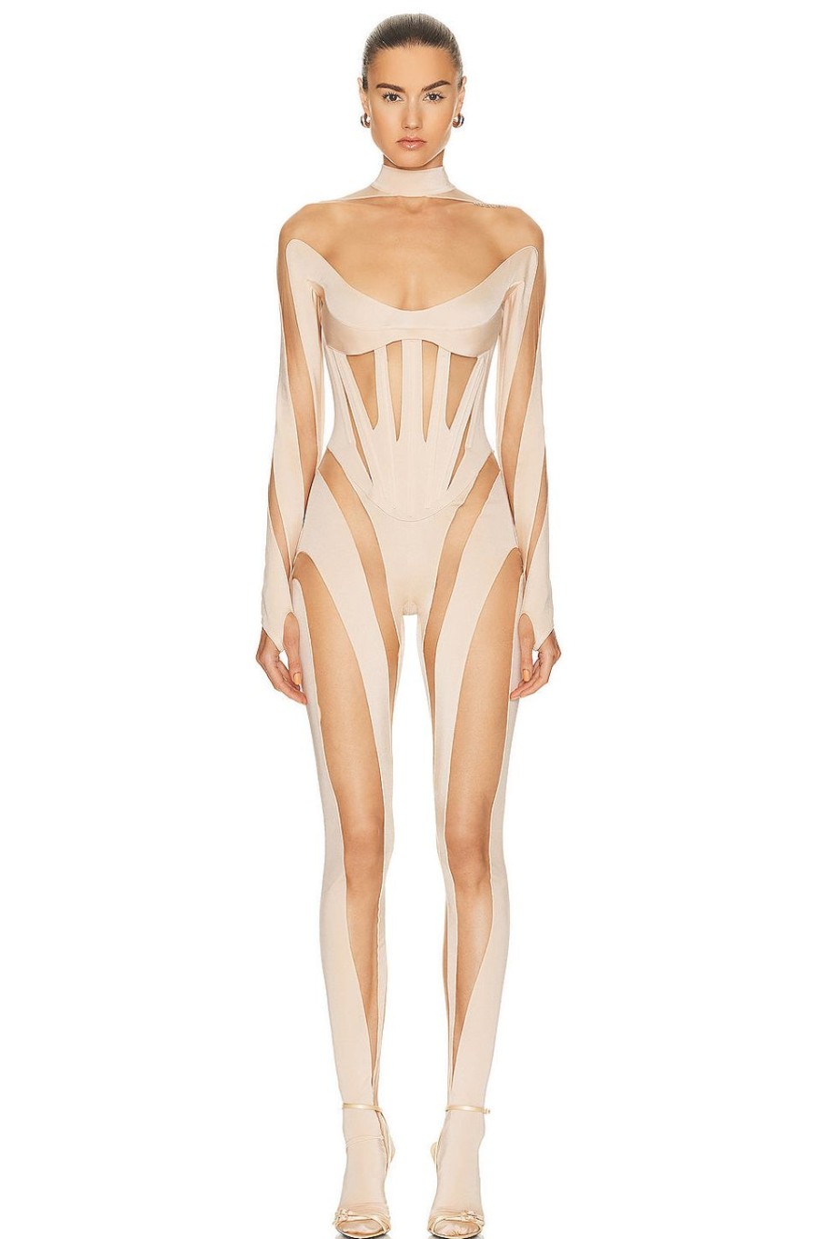 Women Mugler Jumpsuits & Rompers | Gloved Catsuit Powder & Nude 01