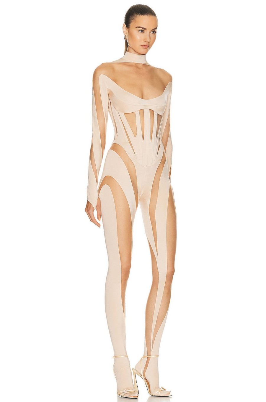 Women Mugler Jumpsuits & Rompers | Gloved Catsuit Powder & Nude 01