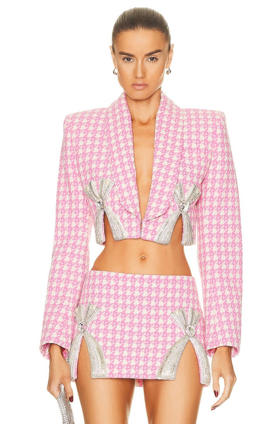 Women AREA Jackets & Coats | Deco Bow Slit Cropped Blazer Pink Multi