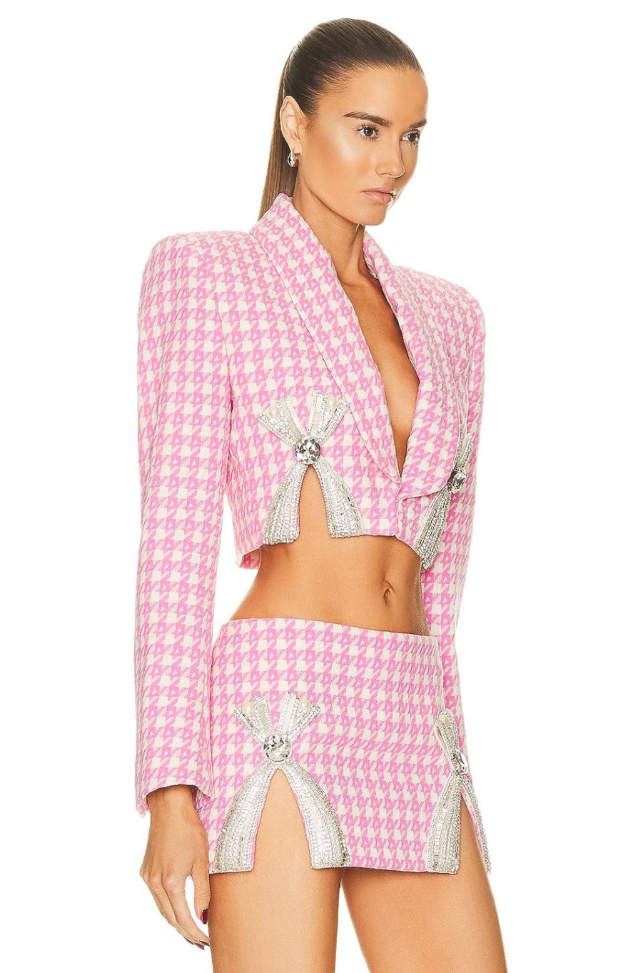 Women AREA Jackets & Coats | Deco Bow Slit Cropped Blazer Pink Multi