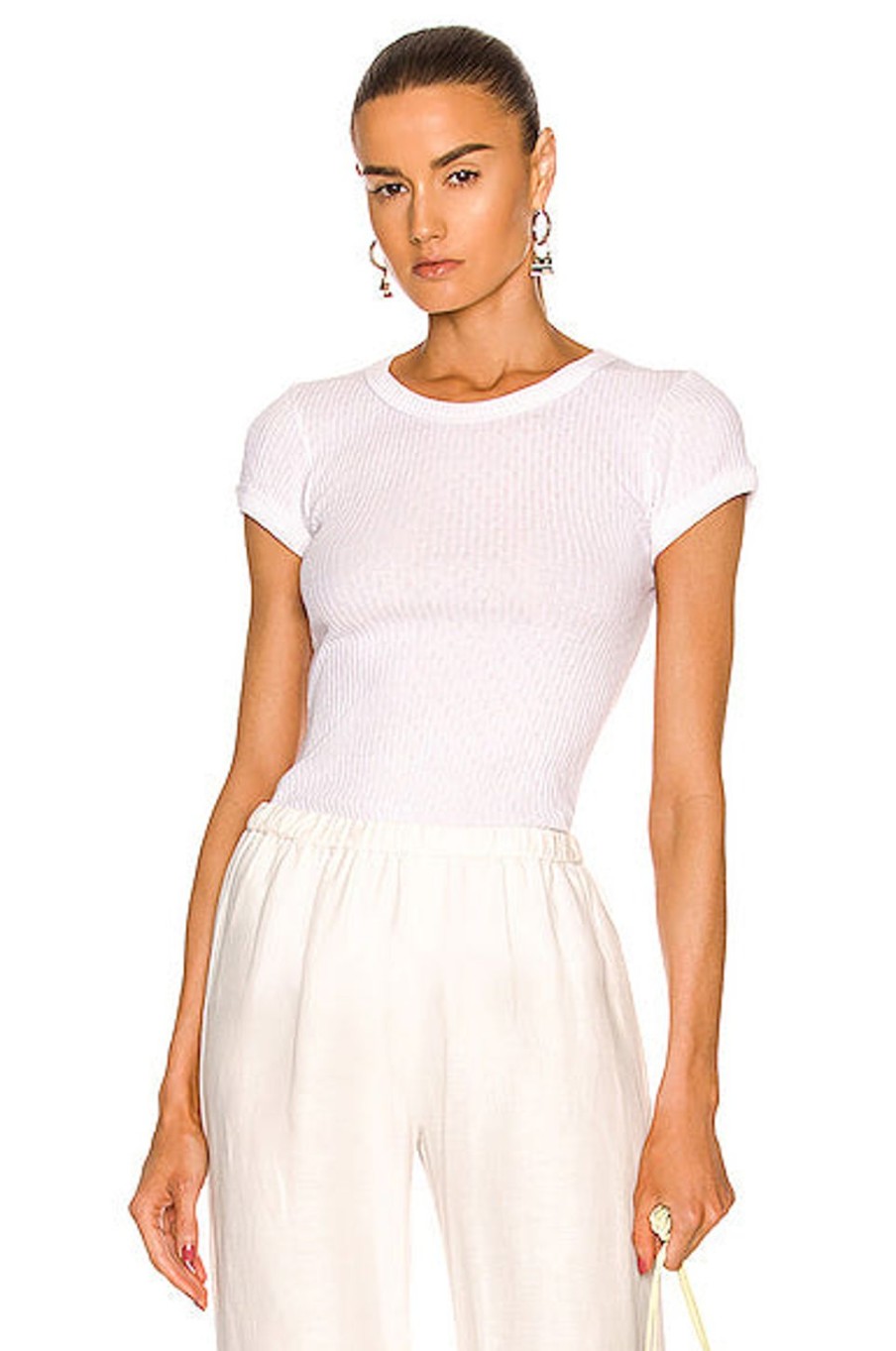 Women Enza Costa Tops | Soft Cotton Cap Sleeve Crew Top White